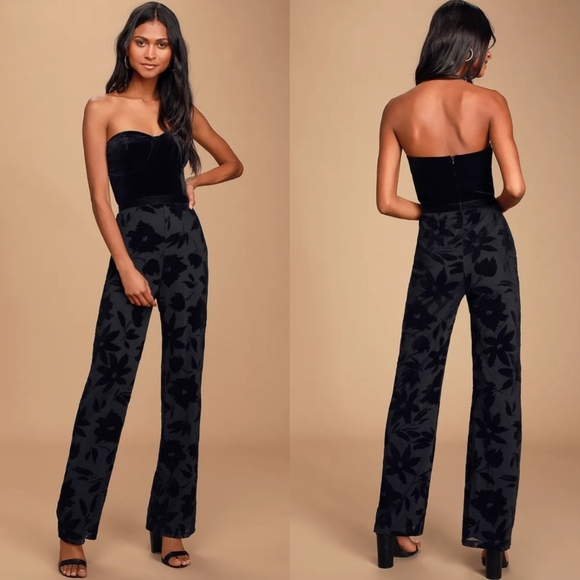 Lulus Love About It Black Velvet Strapless Jumpsuit M Wedding Party Prom - Picture 1 of 11
